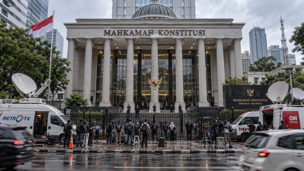 Suasana fasad pilar marmer Gedung Mahkamah Konstitusi di Jalan Medan Merdeka Barat Jakarta menjelang agenda sidang putusan.
